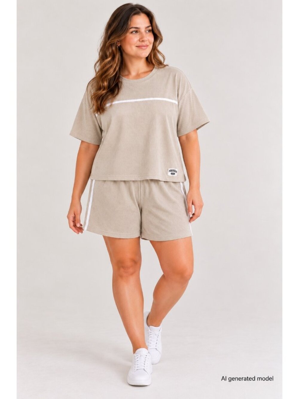 Forenza Beige Ribbed Lounge Set With White Stripe Accents Short Sleeve Shirt & E